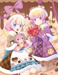  2girls :d amauri_miruki amauri_miruki_(primagista) animal_ears apron bear_ears blonde_hair blue_eyes bow box brown_capelet capelet chocolate closed_mouth colored_eyelashes commentary_request dress ebi_nana fake_animal_ears frilled_apron frills fur-trimmed_capelet fur-trimmed_dress fur_trim gift gift_box gradient_hair hair_bow hands_up hanitan hat heart heart-shaped_box highres holding holding_gift holding_stuffed_toy kneeling long_hair long_sleeves looking_at_viewer mittens multicolored_hair multiple_girls open_mouth pink_bow pink_eyes pink_hair pretty_series puffy_long_sleeves puffy_sleeves purple_capelet purple_hair short_hair smile streaked_hair stuffed_animal stuffed_toy teddy_bear valentine waccha_primagi! waccha_primagi!_studio white_apron yellow_bow 