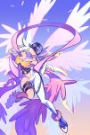  1girl absurdres angel angel_wings angewomon armor asymmetrical_legwear bare_shoulders blonde_hair blue_background breastplate breasts cleavage clothing_cutout covered_eyes digimon digimon_(creature) feathered_wings fukurinn full_body gloves gradient_background head_wings helmet helmet_over_eyes highres hip_vent large_breasts leg_belt long_hair navel o-ring orange_background ribbon solo stomach_cutout white_gloves wings 