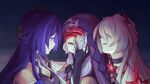  3girls acheron_(honkai:_star_rail) bare_shoulders black_swan_(honkai:_star_rail) commentary covering_another&#039;s_eyes dual_persona egakuning grey_hair highres honkai:_star_rail honkai_(series) multiple_girls open_mouth purple_hair veil yuri 