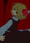  1girl black_eyes black_skirt black_vest blonde_hair dark hair_ribbon long_sleeves looking_at_viewer noriuma outstretched_arms red_background red_ribbon ribbon rumia short_hair simple_background skirt skirt_set solo spread_arms touhou turning_head vest 