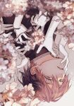  1boy bishounen cherry_blossoms empty_eyes extra_arms from_side gakuran grey_eyes hand_around_neck hand_on_another&#039;s_cheek hand_on_another&#039;s_face hand_on_another&#039;s_shoulder head_tilt highres looking_at_viewer male_focus original parted_lips pink_hair portrait school_uniform solo sunlight twig uminonew upside-down 