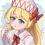  1girl blonde_hair blue_background blue_eyes bow bowtie bug butterfly butterfly_on_hand capelet chunjiu collared_shirt dot_nose fairy_wings hat hat_bow highres index_finger_raised lily_white long_hair looking_at_animal open_mouth red_bow red_bowtie shirt sidelocks simple_background touhou two-tone_background white_background white_butterfly white_capelet white_hat white_shirt wide_sleeves wings 