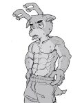abs ahseo animal_crossing anthro bam_(animal_crossing) biceps bodily_fluids clothed clothing deer greyscale hi_res male mammal monochrome muscular muscular_male nintendo pecs simple_background solo sweat tongue tongue_out topless topless_male white_background