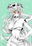  1girl alexa_pasztor bleach breasts character_name facial_mark long_hair midriff monochrome navel nelliel_tu_odelschwanck scar skull solo spot_color torn_clothes underboob very_long_hair yellow_eyes 