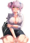 1girl alternate_costume arm_under_breasts bag bare_legs black_skirt blue_archive blush breasts button_gap cleavage collarbone desk double_bun hair_bun kawai_(purplrpouni) large_breasts light_smile looking_at_viewer mika_(blue_archive) no_halo partially_unbuttoned pink_hair pleated_skirt school_bag school_desk school_uniform shirt shirt_tucked_in sidelocks simple_background sitting skirt solo wariza white_background white_shirt 