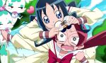 2girls :3 afterimage blue_eyes blue_hair blue_sky bow bowtie chypre_(heartcatch_precure!) clenched_hand closed_mouth cloud coffret_(heartcatch_precure!) collared_shirt day dress eyelashes furrowed_brow glasses groucho_glasses hanasaki_tsubomi heart heartcatch_precure! holding holding_removed_eyewear kurumi_erika long_hair maeashi motion_blur motion_lines multiple_girls myoudou_gakuen_middle_school_uniform o_o open_mouth outdoors panicking pink_hair precure red_bow red_bowtie sailor_collar school_uniform shirt short_dress sky smile sweat tree unworn_eyewear upper_body v-shaped_eyebrows waving_arm wavy_mouth white_sailor_collar wide_sleeves yellow_shirt 