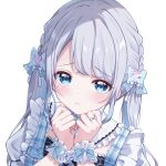  1girl blue_bow blue_eyes blue_hair blush bow closed_mouth detached_collar dot_nose frilled_shirt frills grey_hair hair_bow hands_on_own_chin highres kaga_sumire light_frown long_bangs long_hair looking_at_viewer low_twintails lupinus_virtual_games multicolored_hair own_hands_together parted_bangs portrait puffy_sleeves raised_eyebrows shinshia_(sinsia_0928) shirt sidelocks simple_background solo streaked_hair twintails virtual_youtuber vspo! white_background white_shirt white_wrist_cuffs wrist_cuffs 