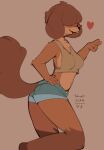 2024 anthro black_nose bottomwear breasts brown_background brown_body brown_fur clothing countershade_torso countershading dated digital_drawing_(artwork) digital_media_(artwork) female fur gesture hand_gesture heart_symbol hi_res hotpants leg_markings mammal markings midriff navel shorts side_boob signature simple_background socks_(marking) solo tohupo v_sign