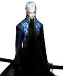  1boy black_bodysuit bodysuit closed_mouth coat devil_may_cry_(series) devil_may_cry_3 gloves holding holding_sword holding_weapon katana male_focus sakamoto_mineji short_hair simple_background solo spiked_hair sword vergil_(devil_may_cry) weapon white_background white_hair 