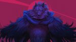 2023 anthro black_inner_ear black_nose blaidd_(elden_ring) blue_cape blue_clothing blue_eyes canid canine canis cape chest_tattoo clothing colored cover_art elden_ring fluffy fromsoftware fur hi_res looking_at_viewer male mammal muscular muscular_anthro muscular_male ranpakoka red_background serious serious_face shaded shirtless shirtless_anthro shirtless_male signature simple_background solo standing tattoo wallpaper white_body white_fur wolf