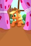 applejack_(mlp) blonde_hair brown_body clothing cowgirl_outfit equid equine female feral friendship_is_magic green_eyes hair hasbro hat headgear headwear hi_res horse mammal my_little_pony pony surprised_expression tomy_thj window