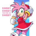  1girl amy_rose boots dress eyelashes food gloves green_eyes headband hedgehog highres holding holding_hair hyoumaru ice_cream jewelry looking_at_viewer pink_fur red_dress red_headband ring smile solo sonic_(series) thighs tongue tongue_out 