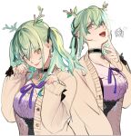  2girls antlers breasts ceres_fauna ceres_fauna_(jirai_kei) choker cleavage earrings eus_ing green_hair hair_between_eyes heart heart_choker highres hololive hololive_english horns jewelry jirai_kei large_breasts long_hair long_sleeves looking_at_viewer multiple_girls multiple_views open_mouth simple_background teeth tongue tongue_out tsukumo_sana twintails virtual_youtuber white_background yellow_eyes 