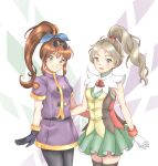  2girls :d abstract_background bell black_gloves black_pantyhose black_thighhighs blue_bow bow brown_eyes brown_hair cowboy_shot crossover dot_nose eyewear_on_head gensou_suikoden gensou_suikoden_ii gloves green_eyes green_skirt grin hair_bow high_ponytail highres legs_together long_hair looking_at_viewer meg_(suikoden) multiple_girls open_mouth pantyhose ponytail precis_neumann purple_shirt purple_skirt shirt skirt sleeveless sleeveless_shirt smile standing star_ocean star_ocean_the_second_story sunglasses thighhighs trait_connection umikamome_(pixiv40804077) white_gloves zettai_ryouiki 