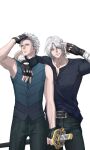  2boys bishounen black_gloves blue_eyes brothers dante_(devil_may_cry) devil_may_cry_(series) devil_may_cry_5 facial_hair fingerless_gloves gloves hair_slicked_back hand_on_own_face highres holding looking_at_viewer male_focus multiple_boys shirt siblings simple_background sleeveless smile sword twins vergil_(devil_may_cry) weapon white_hair wuwei yamato_(sword) 