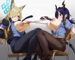  2girls absurdres animal_ear_fluff animal_ears arknights arms_behind_back black_hair black_necktie black_pantyhose blonde_hair blue_archive blue_eyes blue_halo blue_shirt breasts brown_horns brown_necktie brown_pantyhose ch&#039;en_(after_storm)_(arknights) ch&#039;en_(arknights) chair crossover feipin_zhanshi gradient_background grey_background hair_over_one_eye halo highres horns kanna_(blue_archive) large_breasts long_hair medium_hair multiple_girls necktie nipples official_alternate_costume on_chair pantyhose red_eyes restrained shirt sitting tied_shirt yuri 