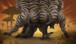 animal_genitalia anthro canid canine canis duo equid equine genitals group hi_res hooves male mammal orcfun pawpads sheath size_difference striped_body stripes tail trio weight_difference wolf zebra