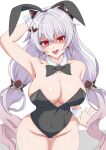  1girl absurdres animal_ears arm_behind_head arm_up armpits bare_legs bare_shoulders black_bow black_bowtie bow bowtie breasts cleavage collar cowboy_shot detached_collar earrings fake_animal_ears fang groin hair_bow hair_ornament highleg highleg_leotard highres honkai_(series) honkai_impact_3rd jewelry large_breasts leotard light_blush long_hair looking_at_viewer nobu_teio open_mouth partially_shaded_face playboy_bunny presenting_armpit rabbit_ears red_eyes simple_background sitting solo theresa_apocalypse theresa_apocalypse_(luna_kindred) theresa_apocalypse_(lunar_vow:_crimson_love) thighs very_long_hair white_background white_collar white_hair white_wrist_cuffs wrist_cuffs 
