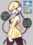  1girl artist_name ass bare_arms bare_shoulders black_choker black_pantyhose blonde_hair blue_eyes blunt_bangs breasts choker dress elesa_(pokemon) headphones highres medium_breasts pantyhose pokemon pokemon_bw short_dress short_hair sleeveless sleeveless_dress solo speech_bubble touyarokii twitter_username yellow_dress 