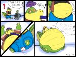 2024 alligator alligatorid anthro belly big_belly bottomwear brok_(brok_the_investigator) brok_the_investigator clothing comic cowcat_games crocodilian english_text green_body inflation machine male maxwellfursaken obese obese_male overweight overweight_male pants question_mark reptile robot scalie shirt surprise text topwear tribot_(brok_the_investigator)