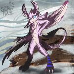 ambiguous_gender anthro avali avian blue_eyes claws detailed_background digital_media_(artwork) eyewear feathers full-length_portrait fur glasses hi_res kerolink male paws pink_body pink_fur portrait shaded solo story_trail tail