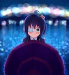  black_hair blue_eyes blurry bokeh chuunibyou_demo_koi_ga_shitai! depth_of_field eyepatch one_side_up school_uniform short_hair solo suchiimu takanashi_rikka umbrella 