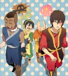  1girl 3boys aang avatar:_the_last_airbender avatar_legends bald barefoot black_hair blue_background blue_gloves blue_shirt boots brown_footwear brown_hair closed_eyes fingerless_gloves gloves multiple_boys one_eye_closed open_mouth pants polka_dot polka_dot_background scar scar_on_face shadow shirt short_hair skull sleeveless smell smile sokka standing t_k_g toes tongue tongue_out toph_bei_fong yellow_eyes yellow_pants yellow_shirt zuko 