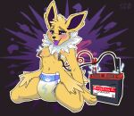 abstract_background anthro blush bodily_fluids car_battery clothed clothing crying diaper drooling eeveelution electric_shock electricity electrostimulation english_text female generation_1_pokemon genital_fluids hi_res jolteon jumper_cable kneeling looking_pleasured nintendo nipple_clamp nipples pokemon pokemon_(species) saliva solo stargal_galexi tears text tongue tongue_out urine warning_label warning_symbol wearing_diaper wet_diaper wetting