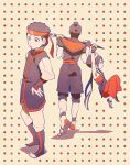  1girl 2boys aang anger_vein armpits arms_up avatar:_the_last_airbender avatar_legends boots brown_background brown_eyes brown_footwear brown_hair brown_shorts full_body hachimaki headband holding holding_sword holding_weapon japanese_clothes multiple_boys over_shoulder polka_dot polka_dot_background shadow sheath sheathed short_hair shorts sokka standing sword t_k_g toph_bei_fong topknot weapon weapon_over_shoulder 