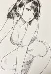  1girl absurdres all_fours bra breasts cleavage collarbone crosshatching hatching_(texture) highres long_hair makki_(tobaccos) medium_hair messy_hair monochrome navel original panties sketch solo stomach toes traditional_media underwear white_background 