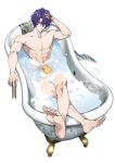  1boy abs barefoot bath bathtub blue_hair book collarbone dr._ratio_(honkai:_star_rail) feet hair_between_eyes hair_ornament holding holding_book honkai:_star_rail honkai_(series) male_focus muscular muscular_male nipples nude onegingek partially_submerged pectorals red_eyes rubber_duck short_hair simple_background solo toned toned_male white_background 