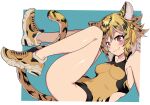 1girl absurdres animal_ears animal_print ass bare_shoulders blush breasts highres looking_at_viewer one-piece_swimsuit original red_eyes ryuu_tou shoes short_hair smile sneakers solo swimsuit tail tiger_ears tiger_girl tiger_print tiger_tail 