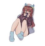  1girl aa211108 bare_legs blue_hood blush breasts brown_hair cellphone convenient_leg covered_mouth debi_tarou fur_socks holding holding_phone idolmaster idolmaster_shiny_colors long_hair looking_at_viewer medium_breasts osaki_tenka phone purple_shirt shirt solo very_long_hair 