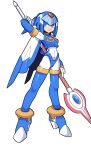  1girl android armor blue_armor blue_eyes blue_footwear blue_helmet boots crop_top fairy_leviathan_(mega_man) fins full_body head_fins helmet high_heel_boots high_heels highres holding holding_polearm holding_weapon lance mega_man_(series) mega_man_zero_(series) omeehayo polearm simple_background smile solo thigh_boots weapon white_background 
