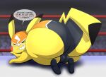 big_butt bulge butt clothing cosplay_pikachu_(costume) detailed_bulge dialogue fighting_ring generation_1_pokemon hi_res looking_at_viewer male mask nintendo pikachu pikachu_libre pokemon pokemon_(species) presenting presenting_hindquarters solo teasing tepigfan101 wrestler wrestling wrestling_briefs