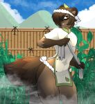 5_fingers anthro biped brown_body brown_fur brown_hair canid canine clothed clothing fingers fur hair hi_res male mammal munkeesgomu plant raccoon_dog solo tail tanuki