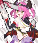  1girl :d antenna_hair bare_shoulders blood blood_on_face blood_on_weapon blush chainsaw chainsaw_man commentary_request cowboy_shot demon_girl demon_horns demon_wings detached_sleeves eden&#039;s_ritter_grenze frilled_sleeves frills hand_up heart heart-shaped_pupils highres horns irvina medium_hair navel nemu_milk open_mouth panties parody pink_hair smile smug solo string_panties symbol-shaped_pupils tiara two_side_up underwear upturned_eyes v-shaped_eyebrows weapon wings yellow_eyes 