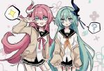  2girls :d ? black_sailor_collar black_skirt blue_eyes bow brown_cardigan brown_neckerchief cardigan commentary_request fang floral_background garter_straps green_hair grey_background hair_between_eyes hand_up honkai_(series) honkai_impact_3rd liliya_olenyeva long_hair long_sleeves looking_at_viewer macaroni_0101 multiple_girls neckerchief off_shoulder open_cardigan open_clothes pink_hair pleated_skirt puffy_long_sleeves puffy_sleeves red_bow rozaliya_olenyeva sailor_collar school_uniform serafuku shirt short_eyebrows simple_background skirt smile spoken_question_mark spoken_sparkle standing thick_eyebrows thighhighs v_over_eye very_long_hair white_shirt white_thighhighs 