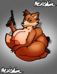absurd_res anthro bedroom_eyes big_breasts big_butt big_ears big_tail breasts butt canid canine claws cleavage clothed clothing curvy_figure erect_nipples eyeliner eyeshadow female fox gun gynomorph half-closed_eyes handgun head_tuft hi_res holding_object holding_weapon huge_breasts intersex karen_the_fox_(mexisabine) lips lipstick looking_at_viewer makeup mammal mexisabine nails narrowed_eyes nipples pawpads pistol ranged_weapon red_fox seductive slightly_chubby solo tail thick_bottom_lip trans_(lore) trans_woman_(lore) true_fox tuft voluptuous weapon wide_hips
