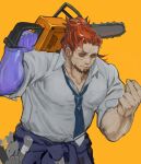 1boy bags_under_eyes bara blue_necktie boogeyman_(housamo) brown_hair chainsaw clothes_around_waist colored_skin facial_hair goatee holding holding_chainsaw jacket jacket_around_waist male_focus mature_male minakatashee_(minakata) multicolored_hair muscular muscular_male necktie ponytail purple_skin red_eyes scar scar_on_face shirt sideburns simple_background solo tokyo_afterschool_summoners two-tone_hair white_shirt yellow_background 