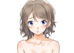  1girl bare_shoulders blue_eyes blush brown_hair collarbone commentary hair_intakes looking_at_viewer love_live! love_live!_sunshine!! messy_hair parted_lips raised_eyebrows short_hair simple_background solo straight-on umikamome_(pixiv40804077) upper_body watanabe_you white_background 