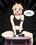 1girl absurdres bare_shoulders black_shorts black_tank_top blonde_hair bra breasts english_text fate/grand_order fate_(series) green_eyes highres hyperbudd long_hair looking_to_the_side midriff mordred_(fate) mordred_(fate/apocrypha) navel parted_bangs ponytail red_bra revision shorts sidelocks sitting small_breasts solo speech_bubble tank_top underwear 