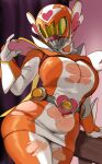  1girl arm_support belt breasts character_request cleavage copyright_request cowboy_shot dress gloves gradient_background heart helmet highres large_breasts leaning_to_the_side lightsource navel orange_dress orange_helmet pink_background plump purple_background skin_tight solo thick_thighs thighs two-tone_dress white_gloves 