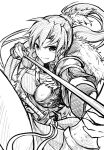  1girl arrow_(projectile) bow_(weapon) breasts closed_mouth earrings feathers fingerless_gloves fire_emblem fire_emblem:_the_blazing_blade fire_emblem_heroes gloves jewelry long_hair looking_at_viewer lyn_(brave_lady)_(fire_emblem) lyn_(fire_emblem) monochrome official_alternate_costume ponytail simple_background solo sword ten_(tenchan_man) upper_body weapon white_background 