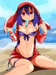  bare_shoulders beach bikini blush breasts disgaea disgaea_d2 food highres hood laharl laharl-chan medium_breasts mouth_hold ocean popsicle purple_hair red_eyes rinkashline solo swimsuit 