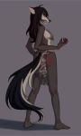 13hyun13 anthro black_hair blood bodily_fluids bottomwear breasts butt canid canine claws clothing colored fangs feet female fox hair hi_res looking_at_viewer looking_back mammal nails open_mouth side_boob skirt snarling solo tail teeth the_sake_ninja topwear torn_clothing true_fox