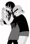  2girls :3 absurdres affectionate aruko_okara bar_censor blush bow bowtie censored collared_shirt covered_eyes domino_mask feet_out_of_frame from_side glasses greyscale half-closed_eyes hands_up head_tilt highres hug hug_from_behind identity_censor indie_virtual_youtuber long_hair long_sleeves looking_at_viewer looking_to_the_side low_twintails mask monochrome multiple_girls open_mouth outstretched_arms pantyhose pleated_skirt shirt short_hair short_twintails skirt smile standing sweater sweater_vest takara_toji tokumei_radio twintails virtual_youtuber zanko 
