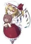  1girl abarabone back_bow blonde_hair bobby_socks bow clip_studio_paint_(medium) crossed_arms crystal fang flandre_scarlet frilled_shirt_collar frilled_skirt frilled_sleeves frills full_body hair_between_eyes hat hat_ribbon highres holding holding_stuffed_toy large_bow looking_at_viewer mary_janes medium_hair mob_cap multicolored_wings open_mouth puffy_short_sleeves puffy_sleeves red_eyes red_footwear red_ribbon red_skirt red_vest ribbon shadow shirt shoes short_sleeves simple_background skirt socks solo standing stuffed_animal stuffed_toy teddy_bear touhou vest white_background white_bow white_hat white_shirt white_socks wings 