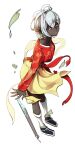 1girl absurdres copyright_request dark_skin hanbok highres jewelry korean_clothes looking_to_the_side multiple_rings pointy_ears red_eyes ring solo tagme user_wgtw7488 white_background white_hair 