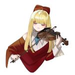  1girl :3 biretta blonde_hair blunt_bangs bow_(music) cardinal_armand closed_eyes commentary cropped_torso holding holding_bow_(music) holding_instrument instrument last_origin long_hair long_sleeves mel_(dodosae) music playing_instrument red_hat simple_background solo symbol-only_commentary upper_body violin white_background 